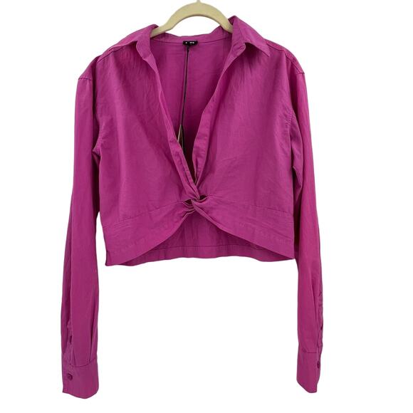 MONROW Poplin Front Twist Shirt Violet Pink Plunge Crop Long Sleeve Small NEW - Picture 6 of 10